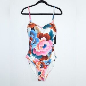 NWT La Blanca Open Tie Back Floral Print One Piece Swimsuit White Multi 14